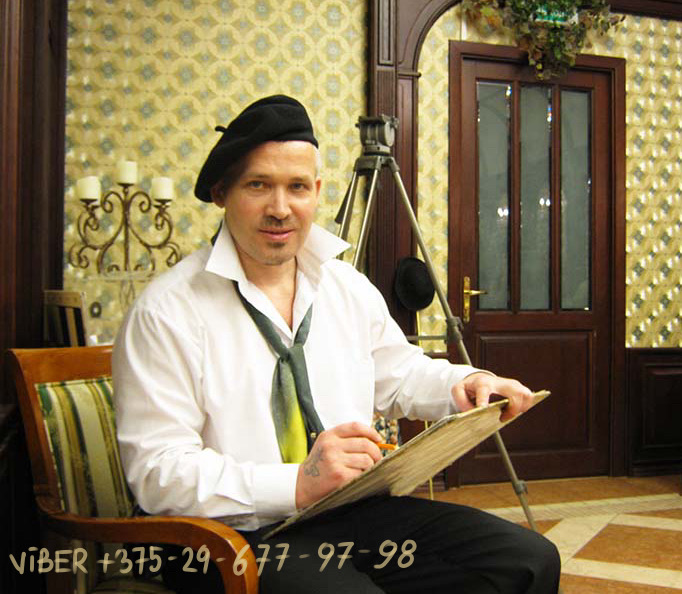 Шаржист Шабалин на свадьбе рисует в Троицком шарж по фото в Минске